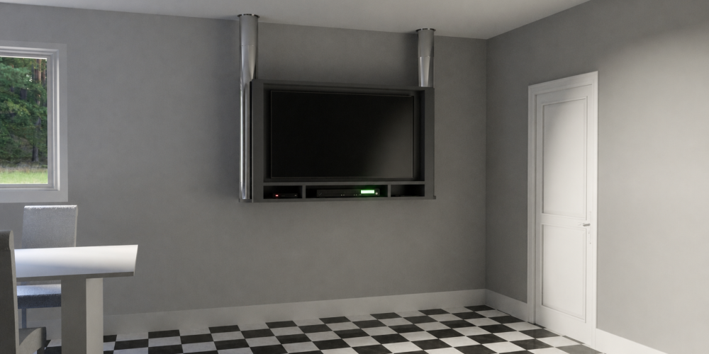 Media Wall TV Stand. Living room with a wall-mounted flat-screen TV in a dark frame, a slim shelf below, and silver pipes above the unit.
